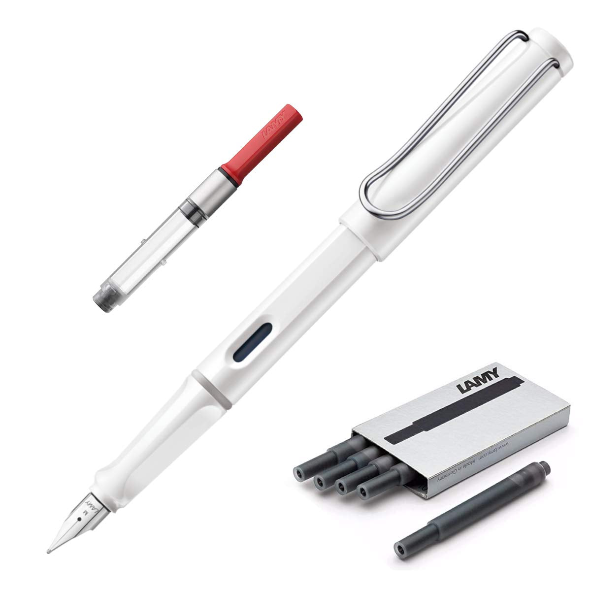 Lamy Safari | White | Medium Nib | 5 Black Ink Cartridges, Z28 Converter And Wipe