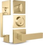 Mega Handles - TOBELLE Entry Door Handleset in Satin Brass Finish - Single Cylinder Handleset with Lever for Entrance and Front 