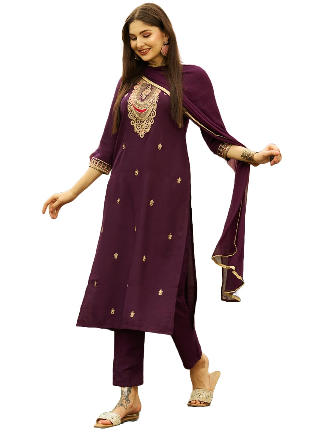 Gosriki Women'S Cotton Blend Embroidered Straight Kurta With Pant & Dupatta (Batti Wine-Gs_Xxl_Wine_Xx-Large),Wine,2,B0CKLQW87K
