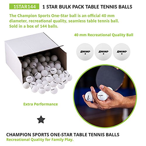 Champion Sports 1 Star Table Tennis Ball Pack - White Ping Pong Balls, Set of 144, with 40mm Seamless Design - Recreation Table