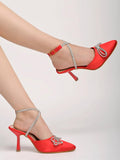Women'S Red Satin High Heel Sandals Pointed Toe Party Heels With Rhinestone Bow & Ankle Strap Elegant Stilettos For Weddings & Events Eu35,Red,2,B0DK79JDW5