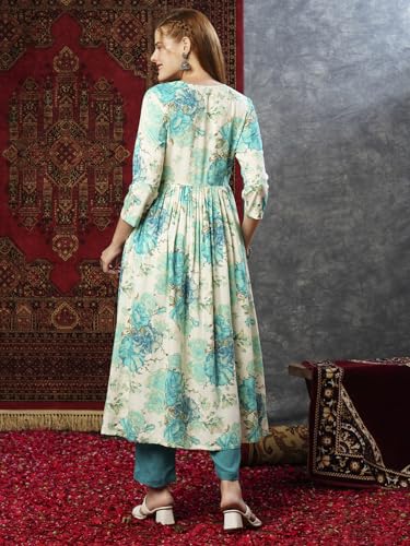 Anni Designer Women'S Cotton Blend Straight Printed Kurta With Pant (Fulan See Green_L_See Green_Large),See Green,L,Cotton Blend,Regular,