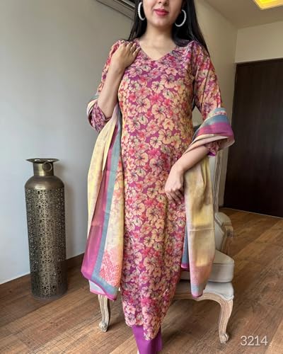 Anni Designer Women'S Rayon Blend Straight Printed Kurta With Pant & Dupatta (Omsing Pink_S_Pink_Small),Pink,S,Rayon Blend,Regular,