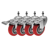 FactorDuty 4 Inch RED Caster Wheel with Brake Dual Locking 3/8-1.2 Threaded Stem Mount Caster Wheel Polyurethane Wheels Premium 