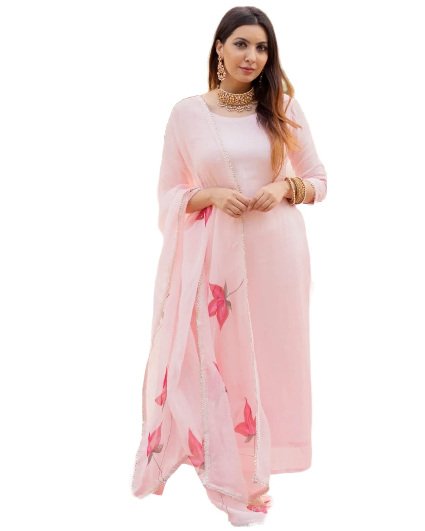 Gosriki Women'S Cotton Blend Traditional Plain Anarkali Kurta And Pant With Dupatta Set (Wipin Coral Pink Nw-Gs_3Xl_Pink_Xxx-Large),Pink,3,B0BKWJL133