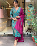 Anni Designer Women'S Cotton Blend Straight Printed Kurta With Pant & Dupatta (Down-Rama-Green_S_Green_Small),Rama Green,S,Cotton Blend,Straight,Kurta, Scarf