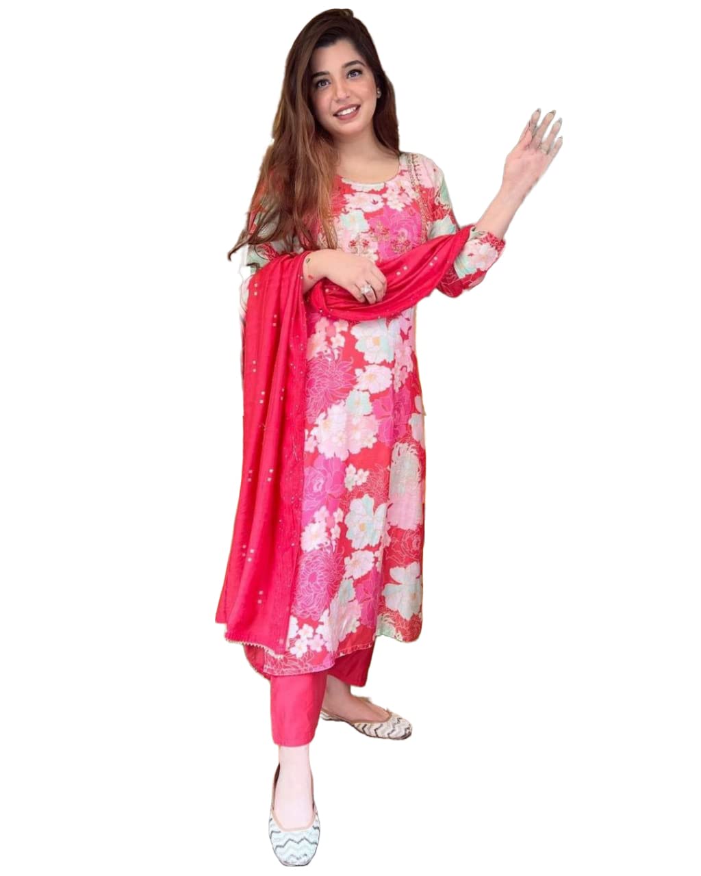 Anni Designer Women'S Cotton Blend Embroidered Floral Printed Straight Kurta With Pant & Dupatta (Litup-Red_S_Red_Small),Red,S