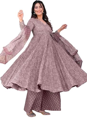 Anni Designer Women'S Rayon Viscose Anarkali Printed Kurta With Palazzo & Dupatta (Sinners Purple_S_Purple_Small),Purple,S