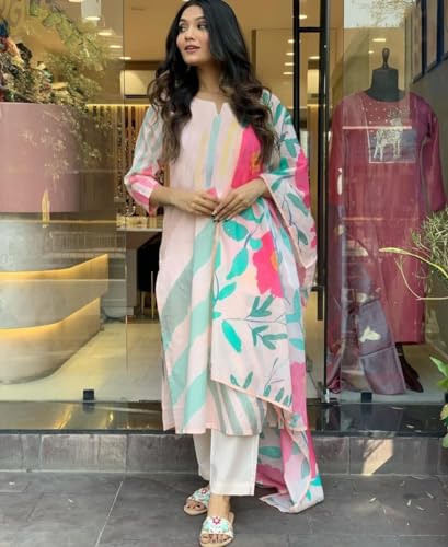 Anni Designer Women'S Cotton Blend Printed Straight Kurta With Pant & Dupatta (Chapar Cream_L_Cream_Large),Cream,L,Cotton Blend,Regular,Kurta, Scarf