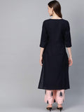 Idalia Light Pink And Navy Blue Cotton Kurta Set For Women A-Line Kurta With Palazzo Set Ideal For Wedding & Festive Occasions Navy Blue And Light Pink L