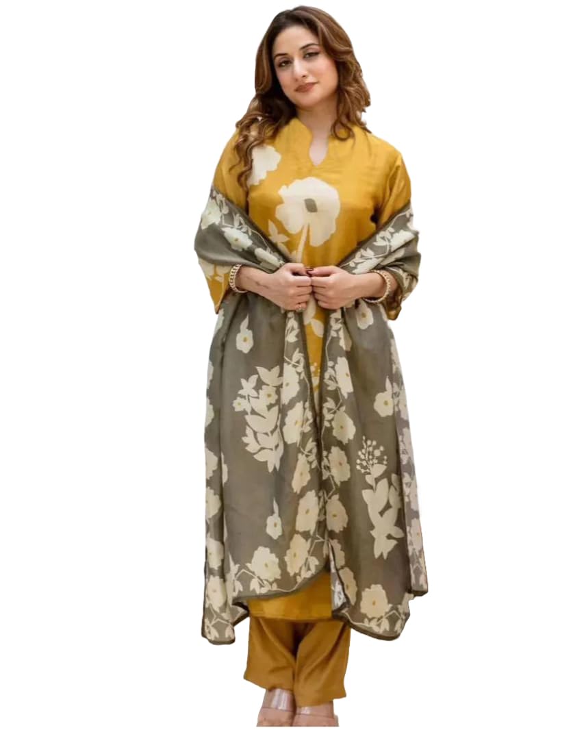 Anni Designer Women'S Rayon Viscose Printed Straight Kurta With Pant & Dupatta (Panuja Yellow_L_Yellow_Large),Yellow,L