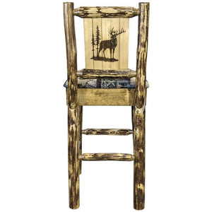 Montana Woodworks Glacier Country Collection Barstool With Upholstered Seat, Woodland Pattern, Laser Engraved Elk Design, Staine