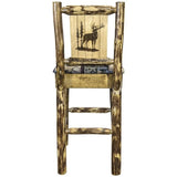 Montana Woodworks Glacier Country Collection Barstool With Upholstered Seat, Woodland Pattern, Laser Engraved Elk Design, Staine