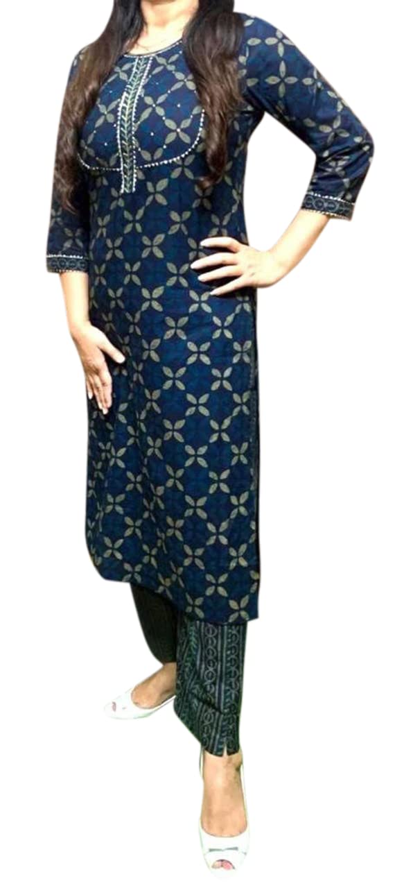 Anni Designer Women'S Polycotton Straight Kurta With Pant (Minhaj Dark Blue_Xxl_Dark Blue_Xx-Large),Dark Blue,2XL