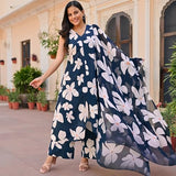 Anni Designer Women'S Rayon Blend Anarkali Printed Kurta With Pant & Dupatta (Gajra Blue_M_Blue_Medium),Blue,M,,,