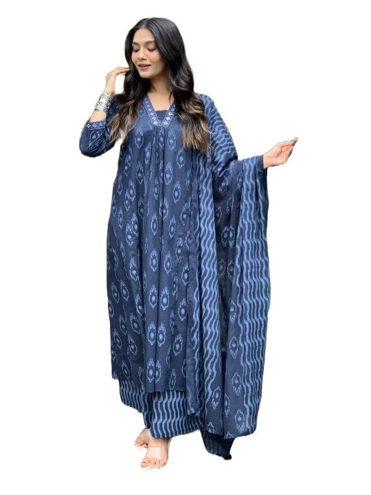Alvami Women Printed A-Line Kurta and Pant set with Dupatta (IN, Alpha, L, Blue)