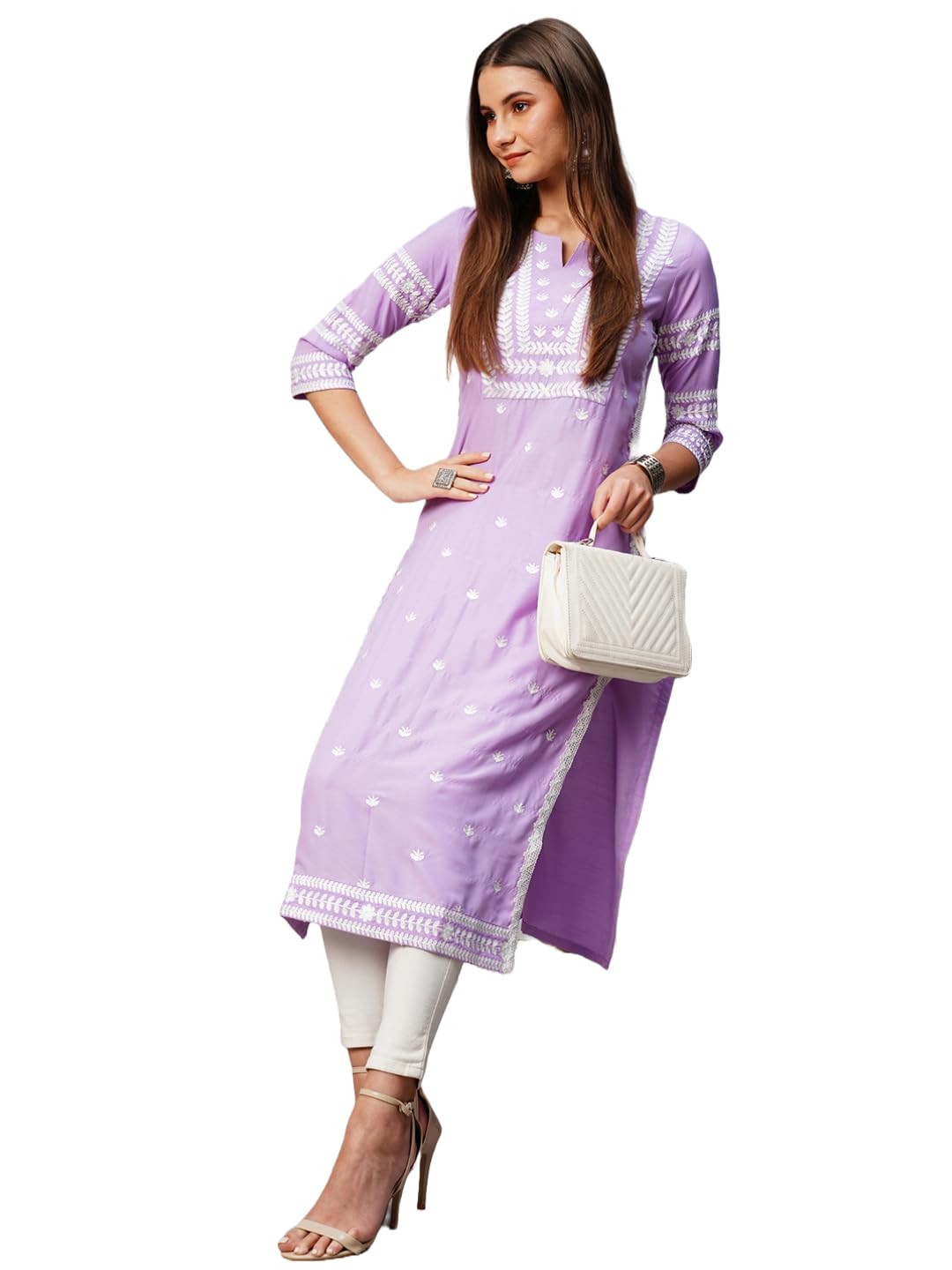 Gosriki Women'S Cotton Blend Chikankari Embroidered Straight Kurta (Opt Purple-Gs_L_Purple_Large),Purple,,B0CNM13GD5