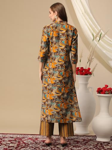 Anni Designer Women'S Cotton Blend Straight Printed Kurta With Pant (Bbcom Yellow-Nj_M_Yellow_Medium),Yellow,M,Cotton Blend,Regular,