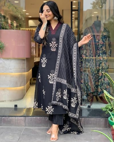 Anni Designer Women'S Rayon Blend Straight Printed Kurta With Pant & Dupatta (Jimny Black_S_Black_Small),Black,S,Rayon Blend,Regular,