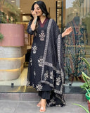 Anni Designer Women'S Rayon Blend Straight Printed Kurta With Pant & Dupatta (Jimny Black_S_Black_Small),Black,S,Rayon Blend,Regular,