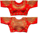 Vihu Fashion Womens Silk Floral Half Sleeve Blouse (Checks Mix_Red_38)