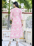 Anni Designer Women'S Cotton Blend Traditional Straight Printed Kurta With Pant Set (Para Pink_L_Pink_Large),Pink,L,Cotton Blend,Regular,Pants