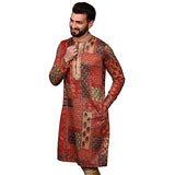 Kisah Men Red Kurta, Cotton, Full Sleaves, Knee Length, Straight, Regular Fit, Mandarin Collar Ethnic Wear, 42