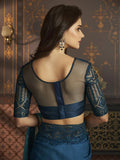 Satrani Womens Pure Chiffon Saree (3568S133N_Beige & Turquoise & Peacock Blue)