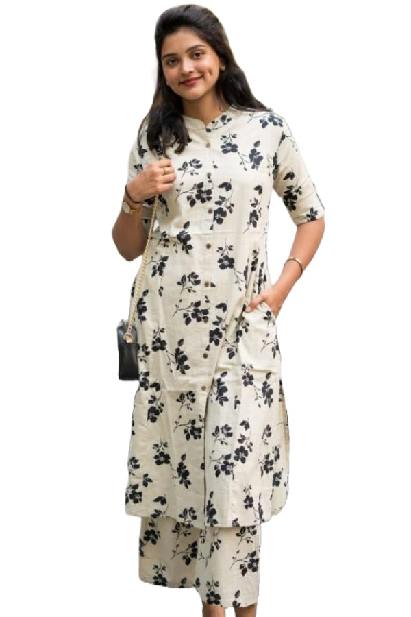 Anni Designer Women'S Rayon Viscose A-Line Printed Kurta With Pant (Papmoni Cream_M_Cream_Medium),Cream,M