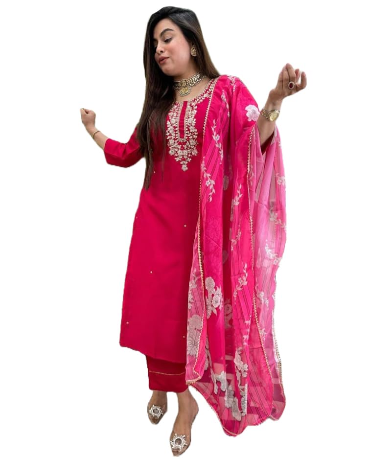 Anni Designer Women'S Rayon Blend Straight Embroidered Kurta With Pant & Dupatta (Hafti Pink_Xxl_Pink_Xx-Large),Pink,2XL