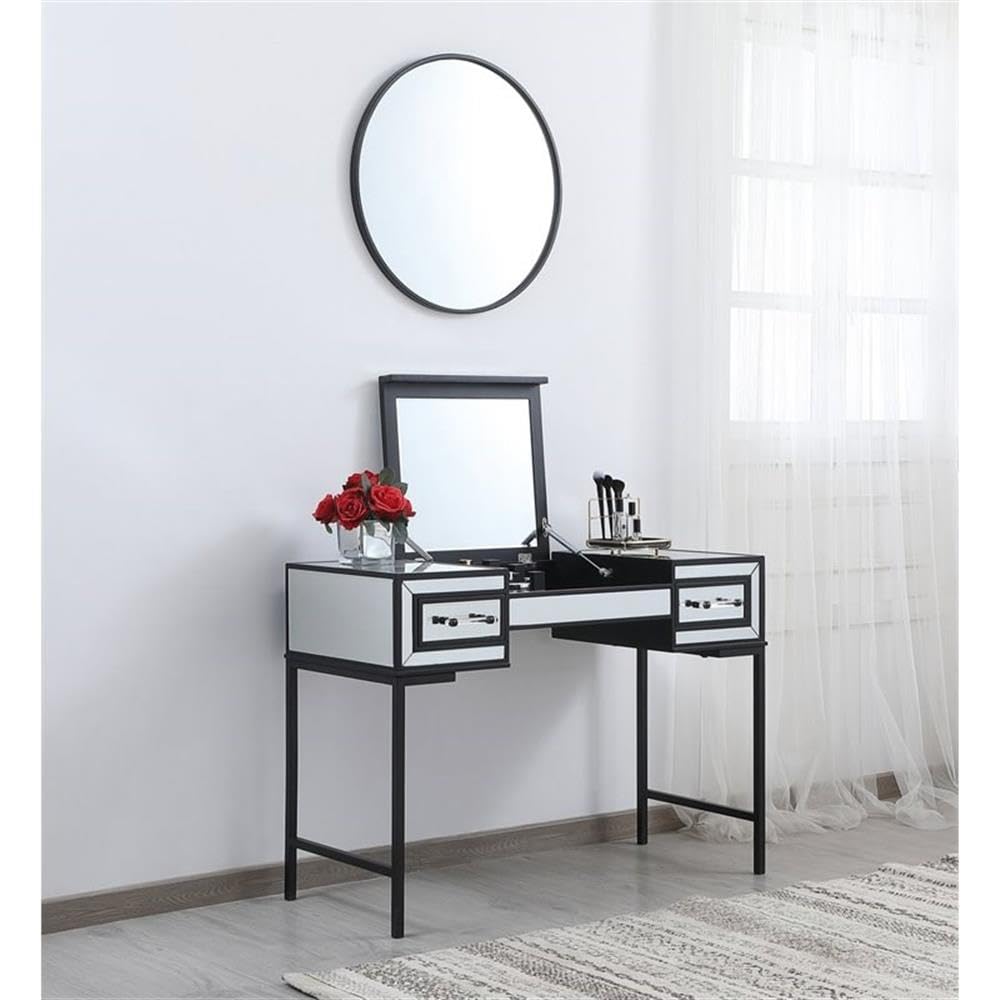 Elegant Decor Beau 42 Metal And Mdf Mirrored Flip Top Vanity Table In Black