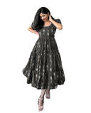 Bloomoraa Fashion WomenS Rayon Ikat Printed Midi Dress | Flared Short Frock With Puff Sleeves & Square Neck (In, Alpha, M, Blac