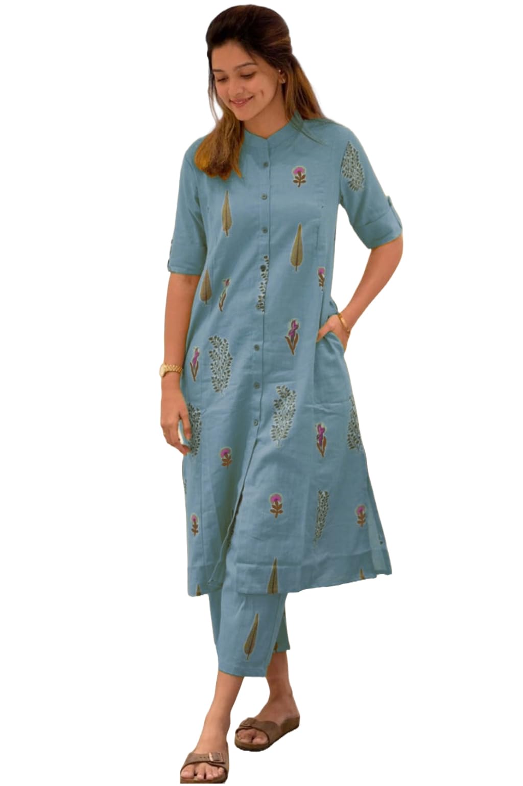 Anni Designer Women'S Rayon Viscose A-Line Printed Kurta With Pant (Barkat Sky Blue_M_Sky Blue_Medium),Sky Blue,M