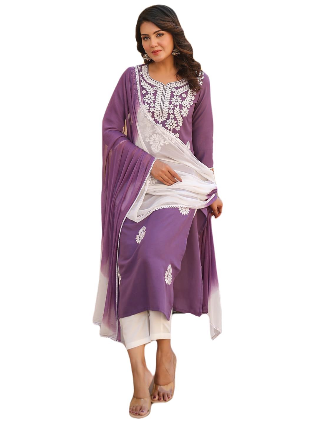 Anni Designer Women'S Rayon Blend Embroidered Straight Kurta With Pant & Dupatta (Vimurat Purple-Nw_S_Purple_Small),Purple,S