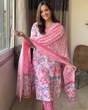 Anni Designer Women'S Rayon Blend Straight Printed Kurta With Pant & Dupatta (Kumud Pink_Xl_Pink_X-Large),Pink,XL,Rayon Blend,Regular,Dupatta