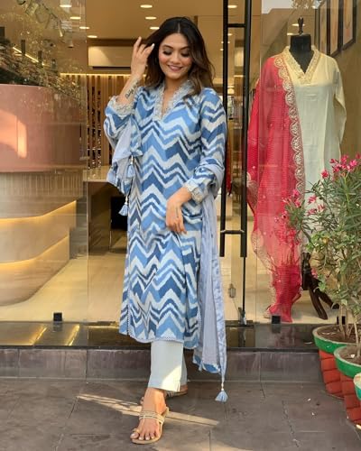 Anni Designer Women'S Cotton Blend Straight Printed Kurta With Pant & Dupatta (Aroor Blue_L_Blue_Large),Blue,L,Cotton Blend,Aroor Blue_216,Kurta, Scarf