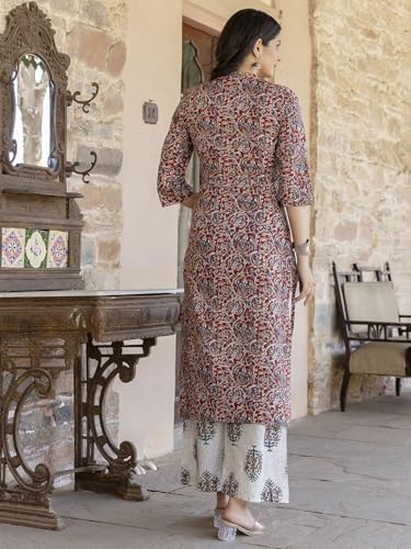 Anni Designer Women'S Cotton Blend Printed Straight Kurta Plazzo With Printed Dupatta (Aabina Maroon_M_Maroon_Medium),Maroon,M,Cotton Blend,Regular,