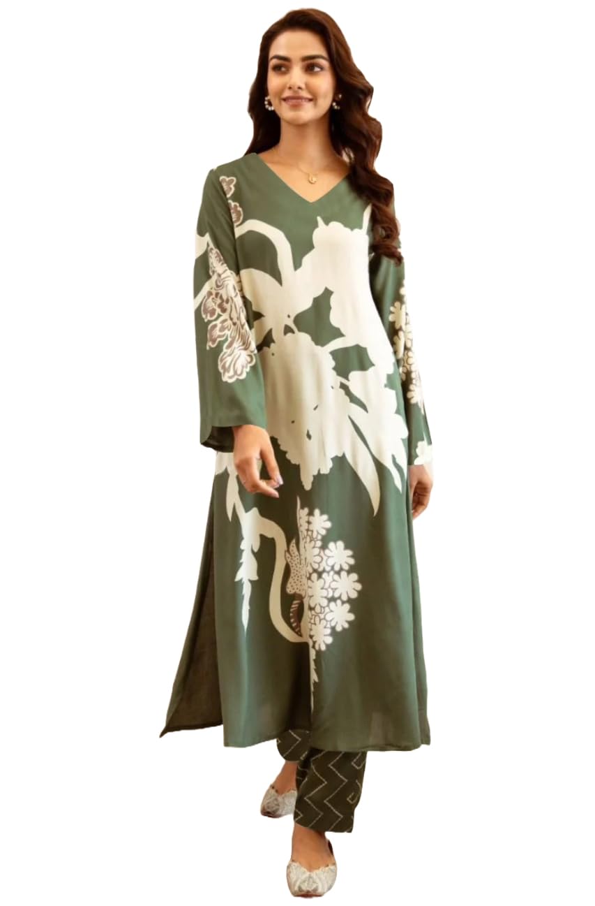 Anni Designer Women'S Rayon Viscose Straight Printed Kurta With Palazzo (Cukari Green-Vks03_Xl_Green_X-Large),Green,XL