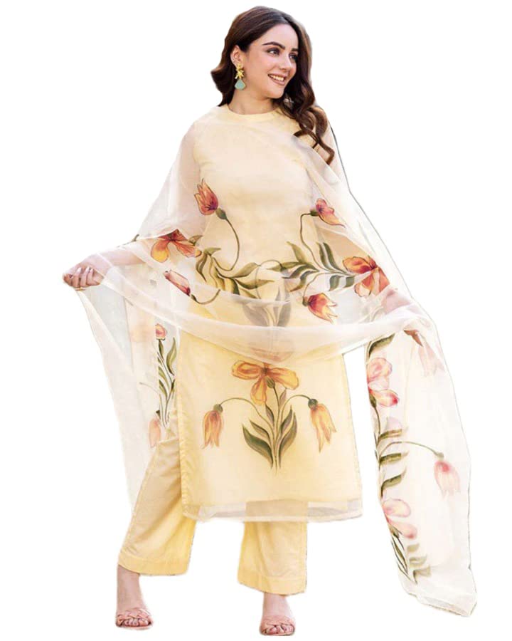 Anni Designer Women'S Chanderi Cotton Straight Printed Kurta With Pant & Dupatta (Falak Cream_S_Cream_Small),Cream,S
