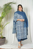Anni Designer Women'S Cotton Blend Straight Printed Kurta Set With Palazzo & Dupatta (Nazneen Blue_M_Blue_Medium),Blue,M,Cotton Blend,Nazneen Blue_785,Kurta, Scarf