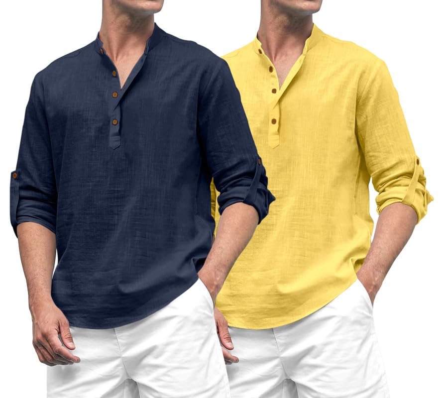 Royalscout Combo Of Men'S Solid Cotton Blend Full Sleeve Straight Kurta Shirt (Pack Of 2) Navy-Yellow