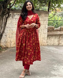 Anni Designer Women'S Rayon Blend Anarkali Printed Kurta With Pant & Dupatta (Roni Red_L_Red_Large),Red,L,Rayon Blend,Anarkali,