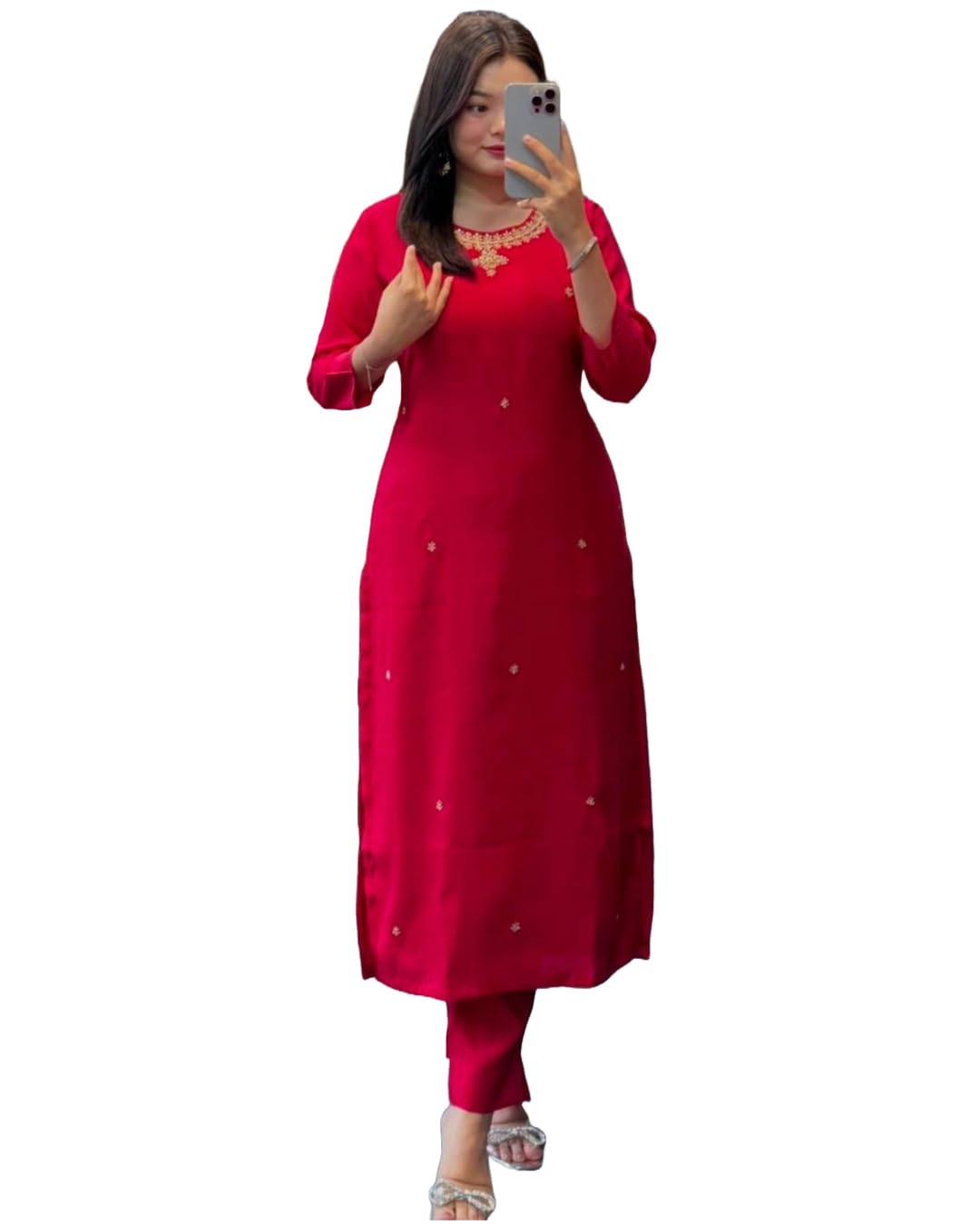 Gosriki Women'S Rayon Blend Straight Embroidered Kurta With Pant (Bloom Red-Gs_Xl_Red_X-Large),Red,,B0DK9NN788