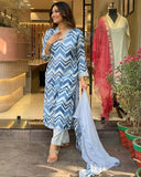 Anni Designer Women'S Cotton Blend Straight Printed Kurta With Pant & Dupatta (Aroor Blue_Xl_Blue_X-Large),Blue,XL,Cotton Blend,Aroor Blue_216,Kurta, Scarf