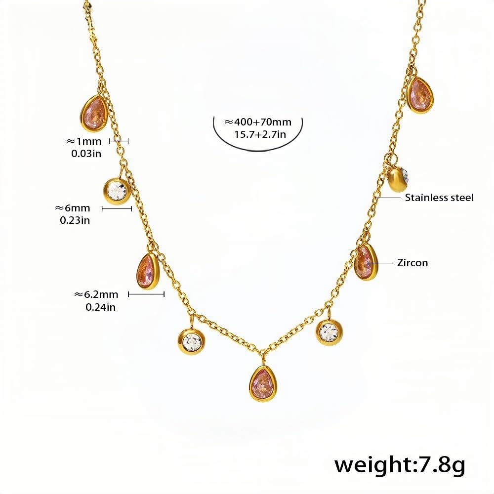 Gold Pink Zircon Teardrop Necklace for Women Dainty Dangle Charm Chain 18K Gold-Plated Stainless Steel 15.7 + 2.7 Adjustable