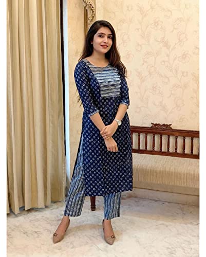 Gosriki Women'S Cotton Blend Straight Printed Kurta With Pant (Kuhoo Blue-Gs_3Xl_Blue_Xxx-Large),Blue,3,B0C5JTG8ZY