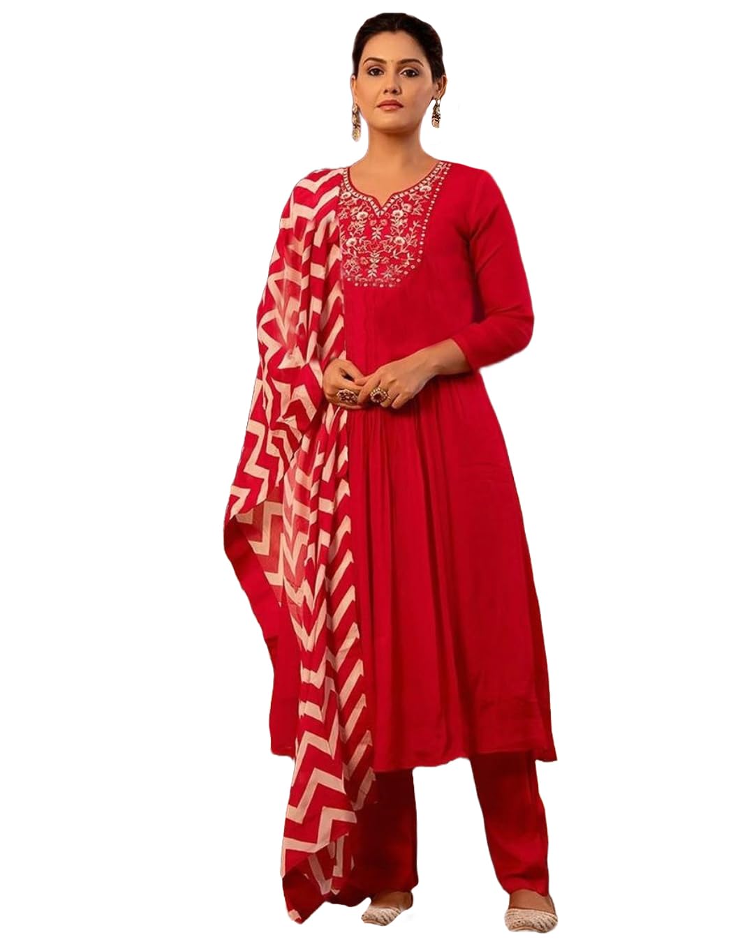 Anni Designer Women'S Rayon Blend Anarkali Embroidered Kurta With Pant & Dupatta (Varalaxmi Red_Xxl_Red_Xx-Large),Red,2XL,,,