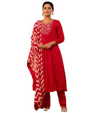 Anni Designer Women'S Rayon Blend Anarkali Embroidered Kurta With Pant & Dupatta (Varalaxmi Red_Xxl_Red_Xx-Large),Red,2XL,,,