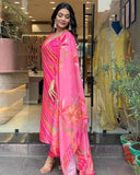 Anni Designer Women'S Cotton Blend Straight Printed Kurta With Pant & Dupatta (Mang Pink_L_Pink_Large),Pink,L,Cotton Blend,Regular,Kurta, Scarf