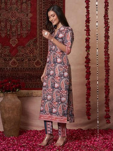 Anni Designer Women'S Rayon Viscose Straight Printed Kurta With Pant (Nishu Red-Vks01_L_Red_Large),Red,L,Rayon,Regular,